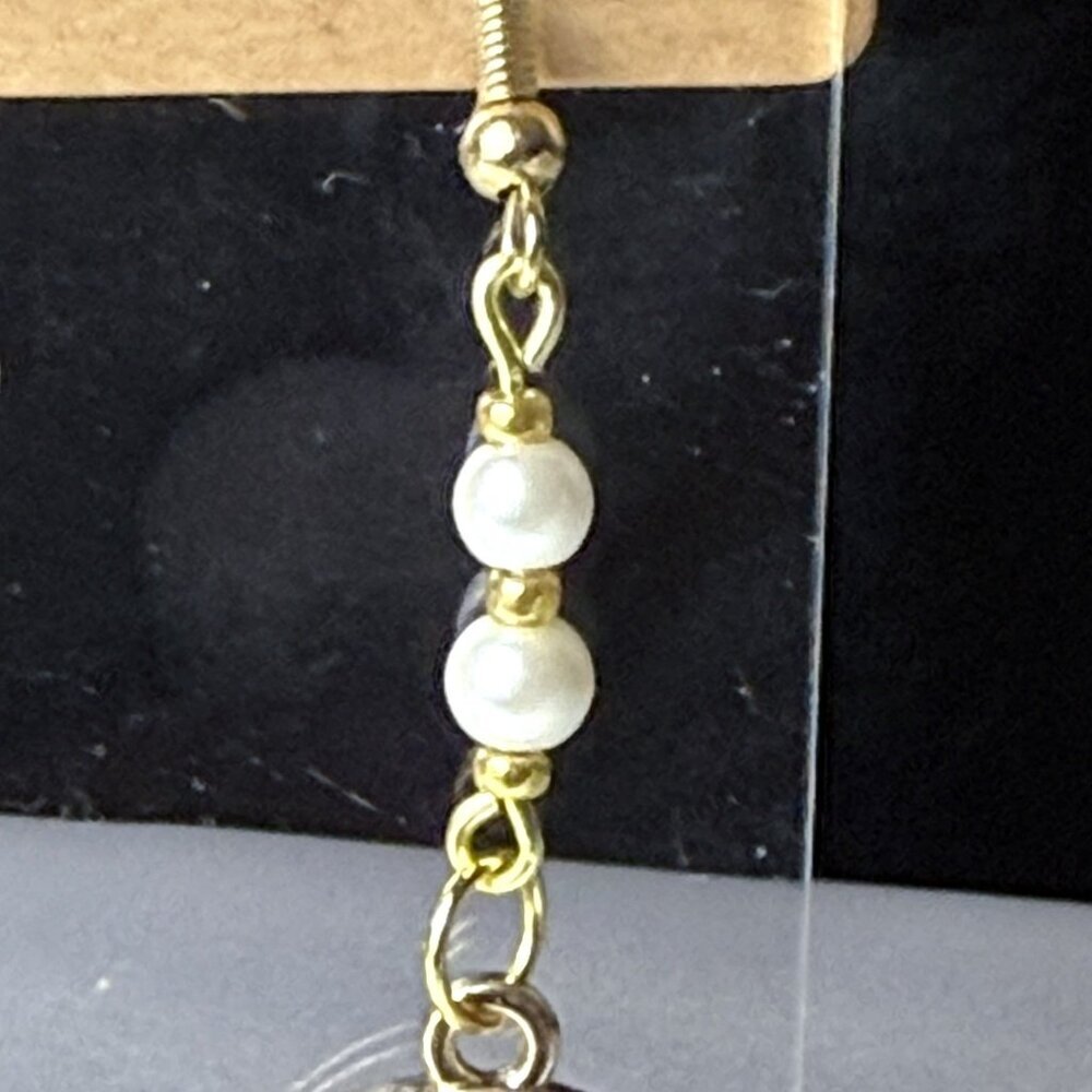 Artisan Faux Pearl Floral Dangle Earrings Gold Tone - Picture 4 of 7